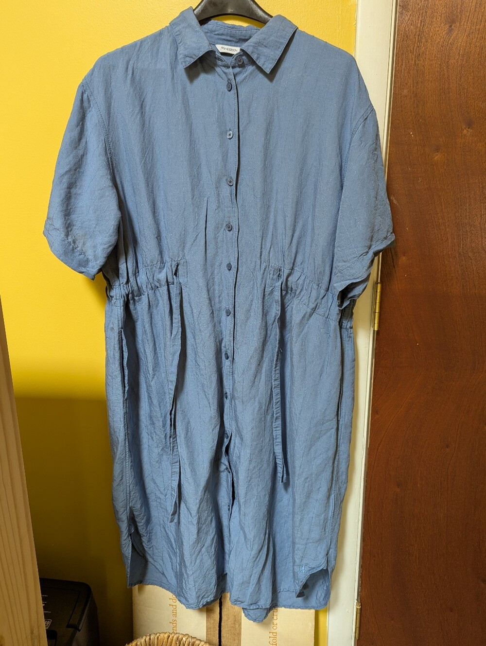 Light Blue, Menswear-inspired, Linen Blend Shirt Dress With Drawstring Waist.